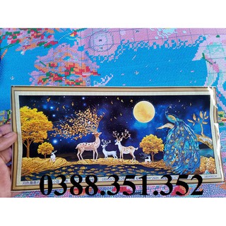 Tranh thêu chữ thập gia đình hươu tài lộc 100*55cm và 150*70cm thêu kín
