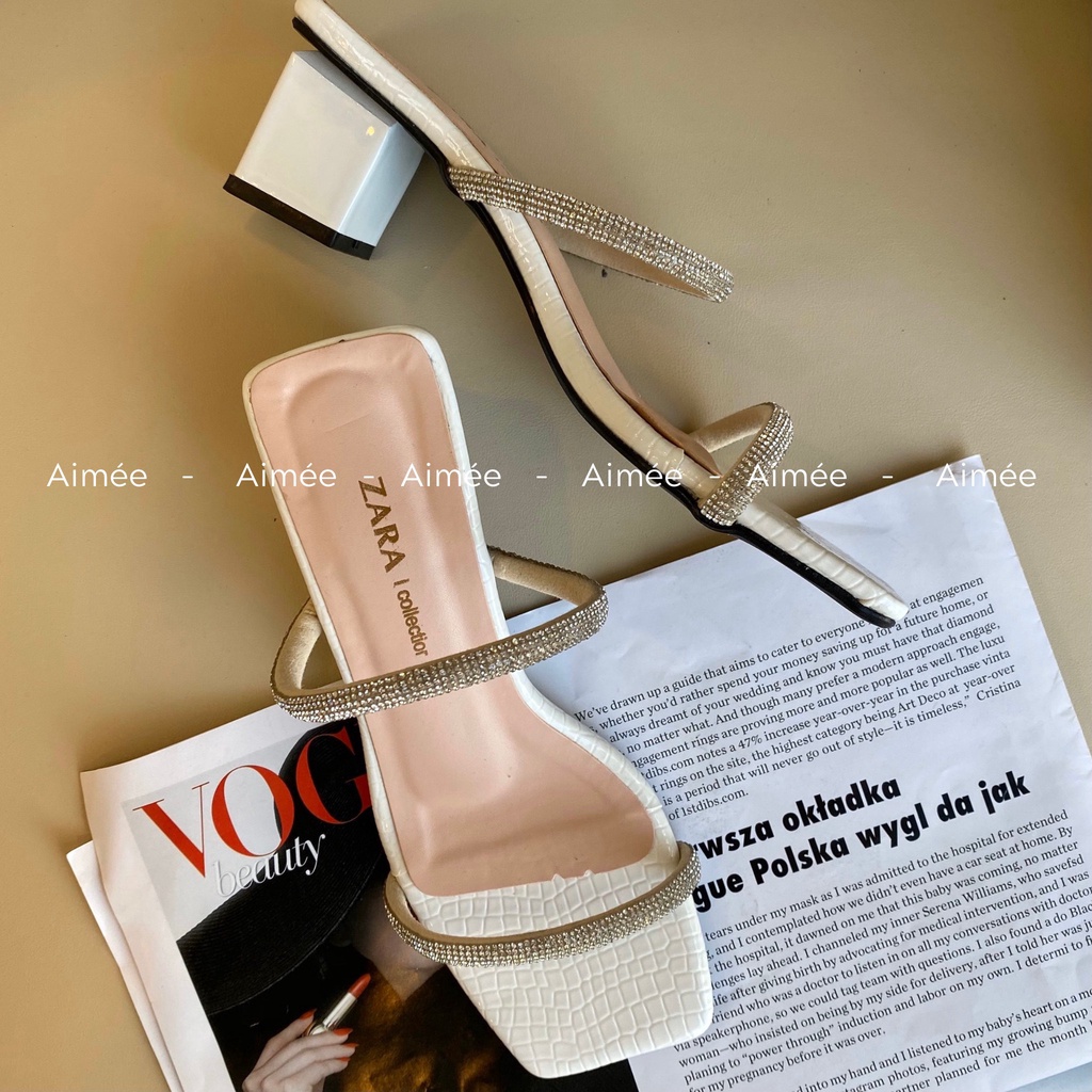 Dép Cao Gót 2 Dây Đính Đá Đế Vuông 7 Phân Siêu Xinh