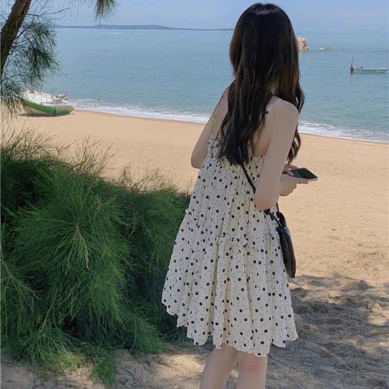 Đầm Hoa🌸Váy Hai dây chấm bi phối form rộng xoè dài bánh bèo tiểu thư mặc đi Biển đi Chơi cá tính Ulzzang