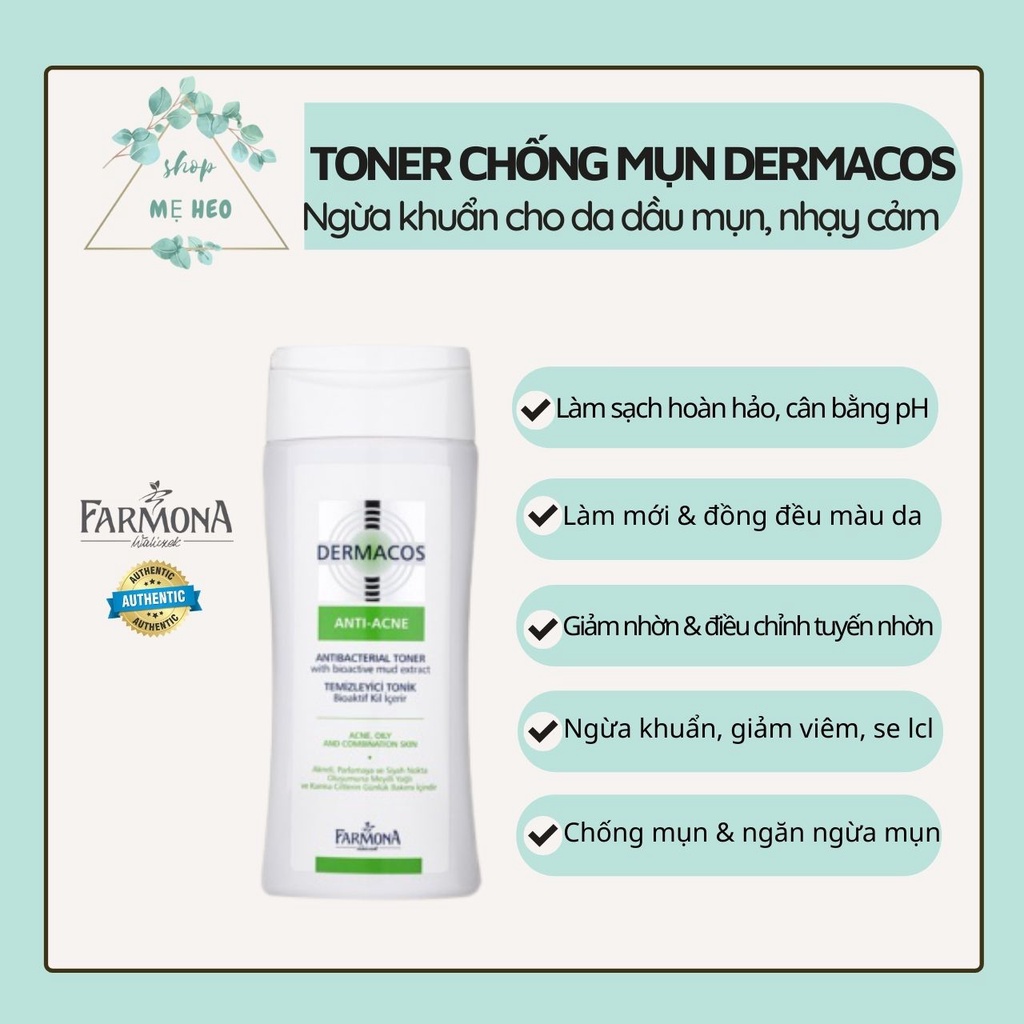 Toner Dermacos 150ml làm sạch, ngừa khuẩn, chống mụn cho da hỗn hợp, dầu mụn, nhạy cảm