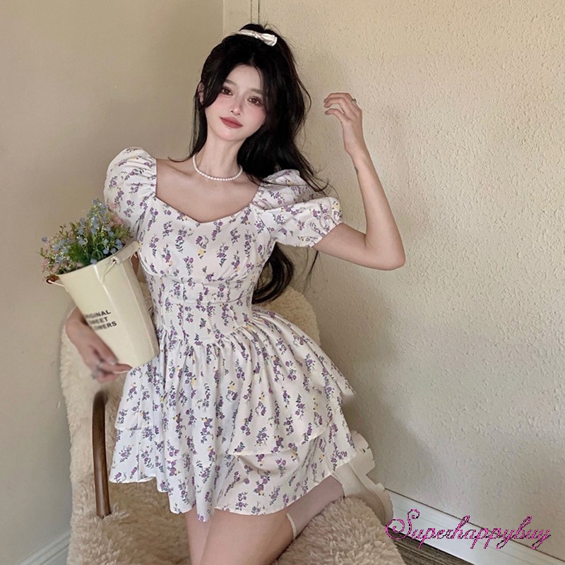Đầm Tay Ngắn Phồng Cổ Vuông Dáng Ôm In Hoa Thời Trang Xinh Xắn Cho Nữ
