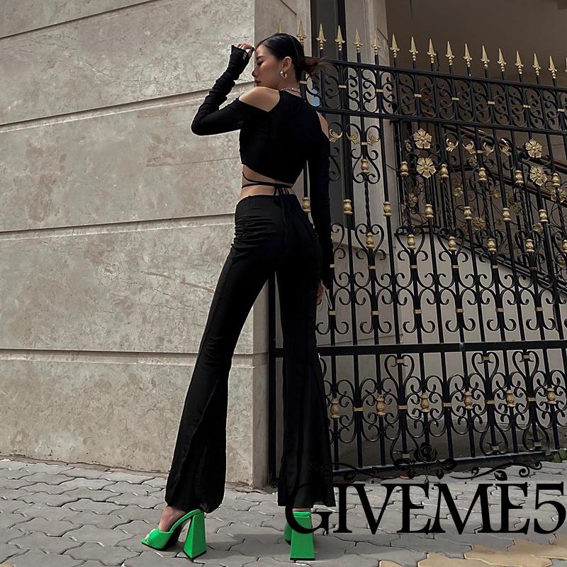 Áo Croptop Tay Dài Cổ Chữ V Màu Sắc Trơn Thiết Kế Đan Dây Chéo Quyến Rũ