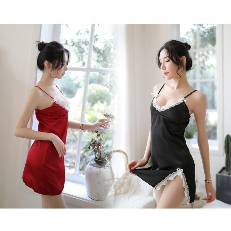 Váy ngủ gợi cảm Quảng châu - Chất lụa mềm mát điệu đà sang chảnh Hai Màu Đen - Đỏ (SÉT NGỦ LỤA 3 NƠ CÓ ĐỆM NGỰC) Xinh