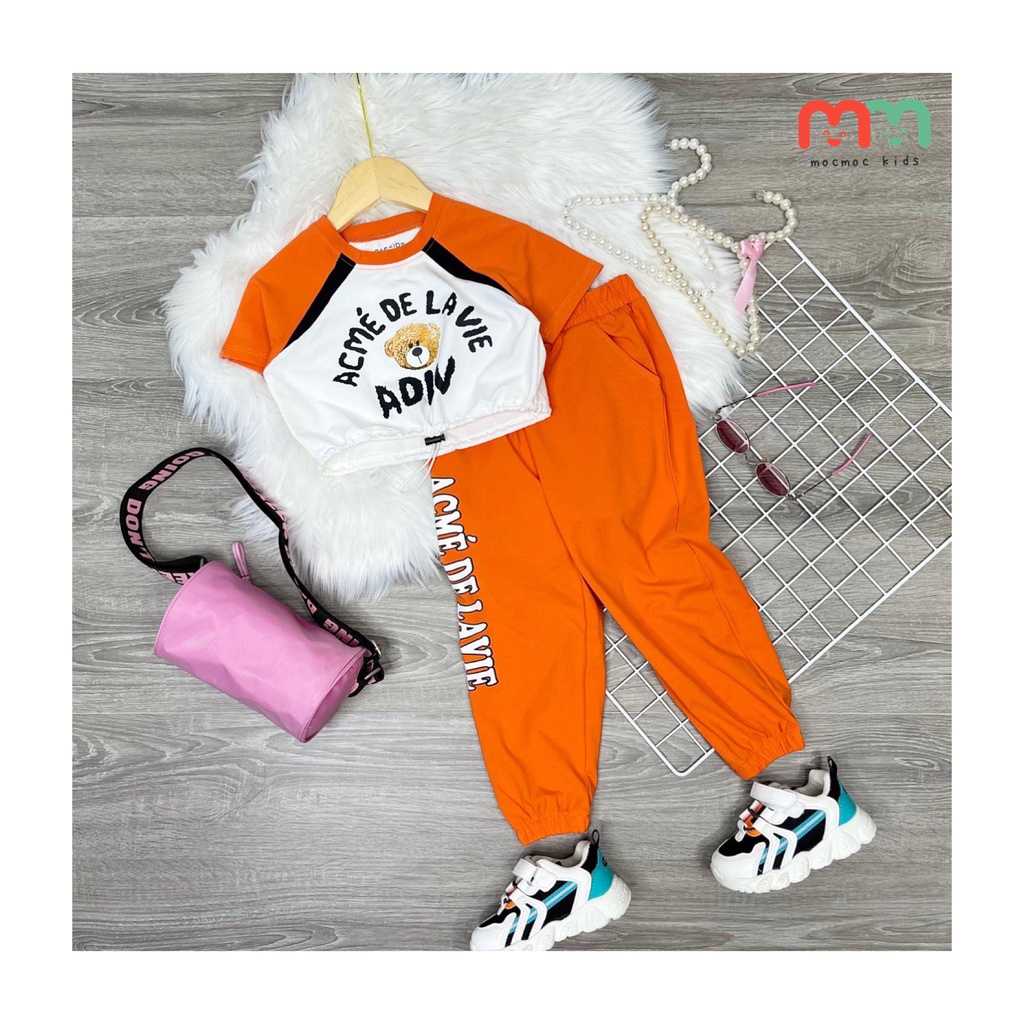 Set thể thao bé gái áo croptop dây rút quần jogger cá tính thun cotton mềm mịn mát cho bé 10kg đến 41kg