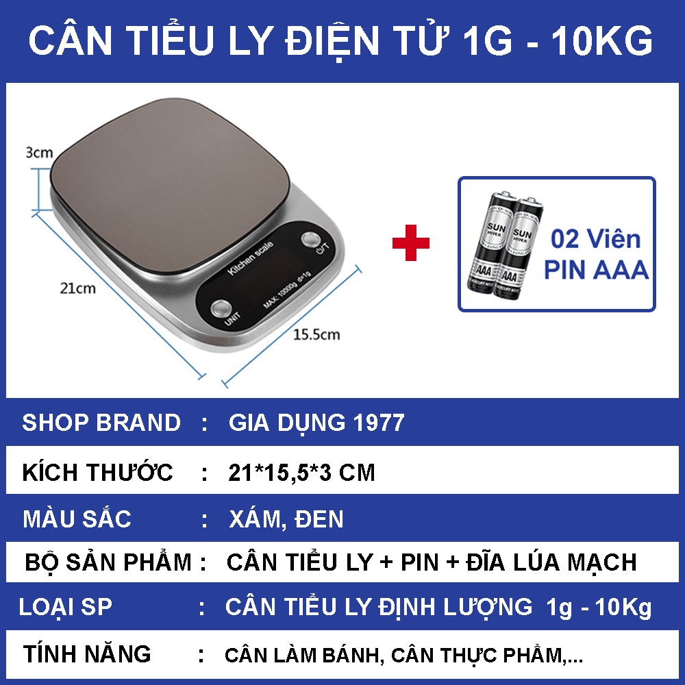 Cân tiểu ly điện tử nhà bếp METAMO cao cấp định lượng 1g - 10kg, Cân tiểu li mini làm bánh độ chính xác cao kèm pin