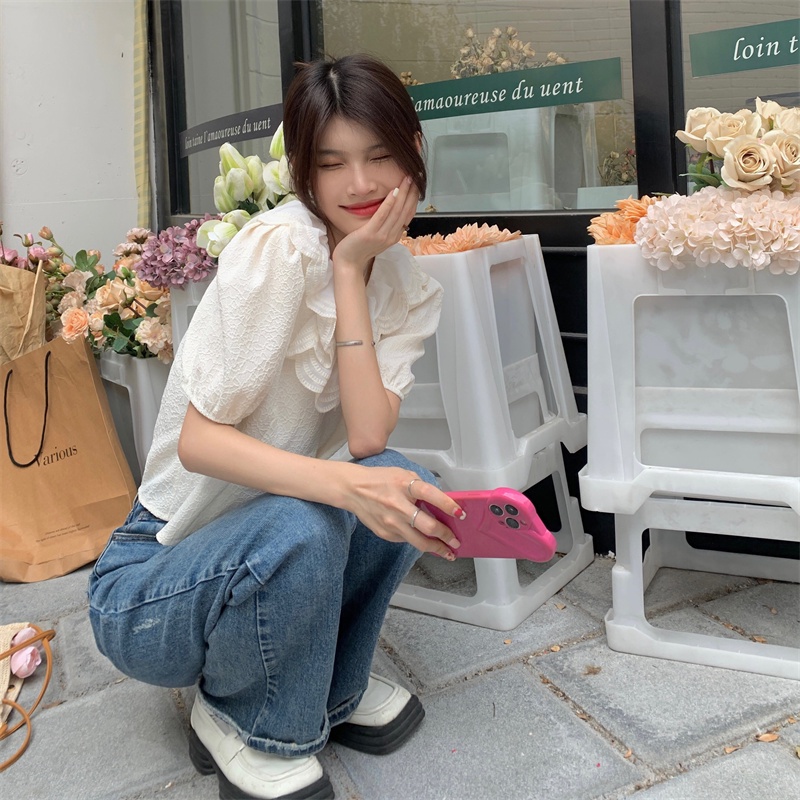 Xiaozhainv Áo Kiểu Tay Ngắn Màu Trơn Thời Trang Mùa Hè Dễ Phối Đồ