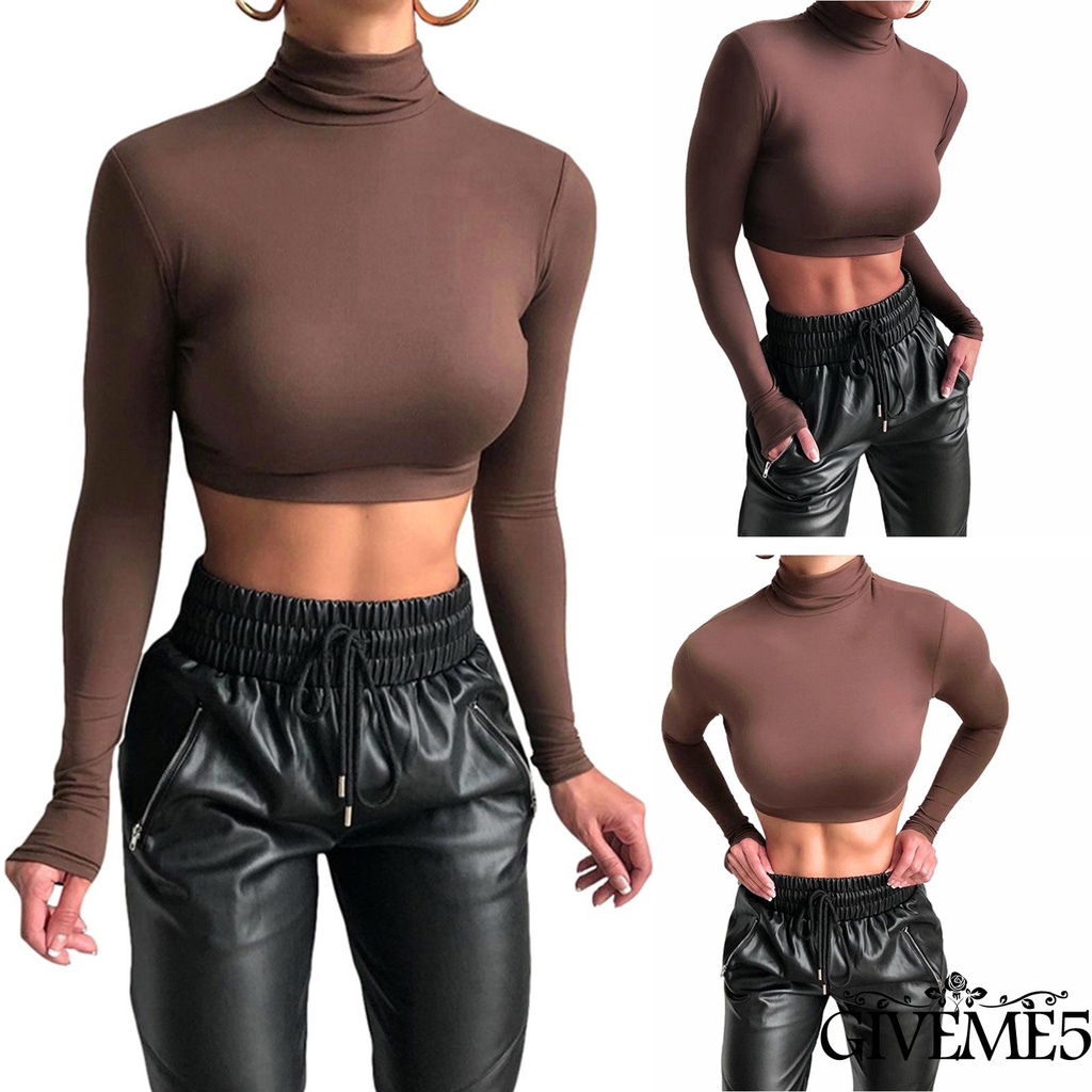 Áo croptop tay dài cổ lọ màu trơn thời trang cho nữ chất lượng cao