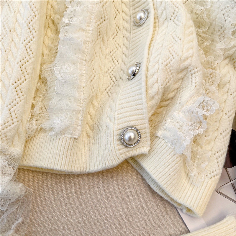 Áo Cardigan Dệt Kim Cổ Tròn Phối Ren Xinh Xắn  tao bao