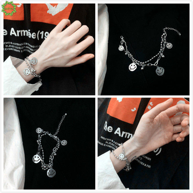 Vòng Tay Mạ Bạc Hai Lớp Mặt Hình Mặt Cười Phong Cách Hàn Quốc