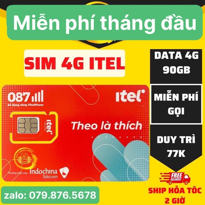 Sim 4G iTel MAY77 Mạng Vinaphone Data 90Gb/Tháng, Gọi Miễn Phí VinaPhone, Free 60 SMS, Sim 4G Giá Rẻ