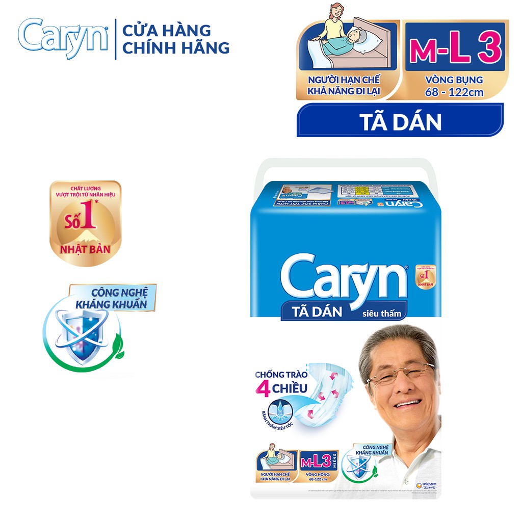 Tã Bỉm Dán Người Lớn Caryn Size ML - 3 Miếng/10 Miếng Dành Cho Người Già Hạn Chế Khả Năng Đi Lại