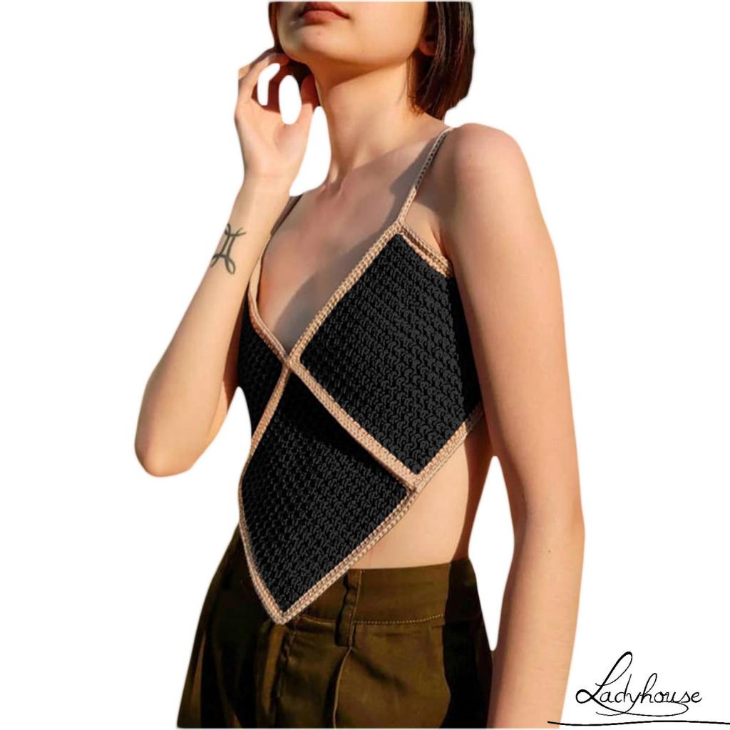 Áo croptop dệt kim hai dây cổ chữ V dáng ôm phối kiểu cách cho nữ