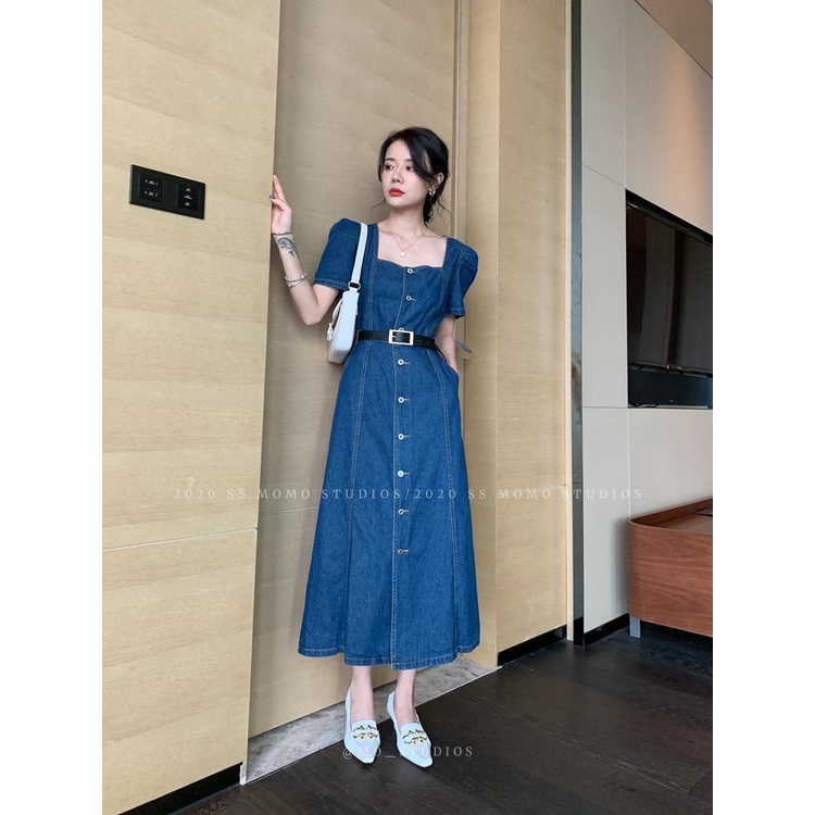 Đầm Denim Dài Dáng Chữ a Cổ Vuông Tay Phồng Phong Cách Pháp Thời Trang Mùa Hè Hàng Mới 2021 Dành Cho Bạn Nữ