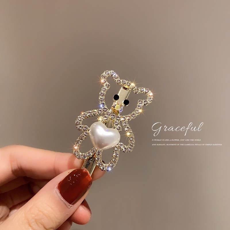 Kẹp Tóc Hình Gấu Đính Ngọc Trai Lấp Lánh Dễ Thương