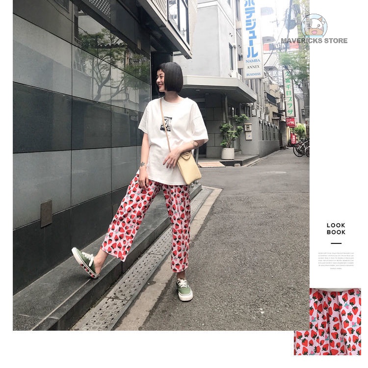 Dễ Thương Quần Lửng Lưng Cao Ống Rộng In Họa Tiết Dâu Tây Thời Trang Xuân Hè Cho Nữ