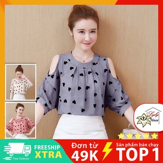 Áo voan nữ kiểu khoét tay cổ tròn xinh xắn chấm tim chất mát mềm mại dễ thương size m - 4xl