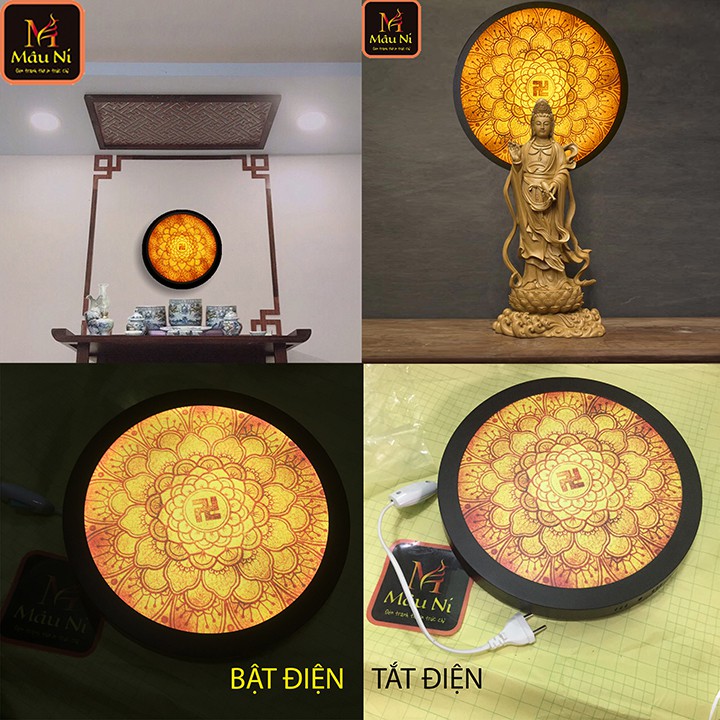 Sx - Hào quang thờ Phật đường kính 30cm mẫu sen - in tranh trúc chỉ 198, khung sắt  (đặt tượng thờ cao 25cm đến 40cm