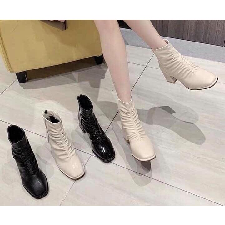 Giày Bốt nữ thời trang da bóng nhăn cổ cao khóa sau, giày boots ulzzang gót trụ 7 phân