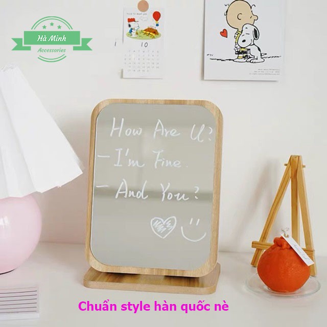 Gương gỗ Hàn Quốc tặng kèm bút vẽ - Gương để bàn trang điểm - Đồ decor vintage