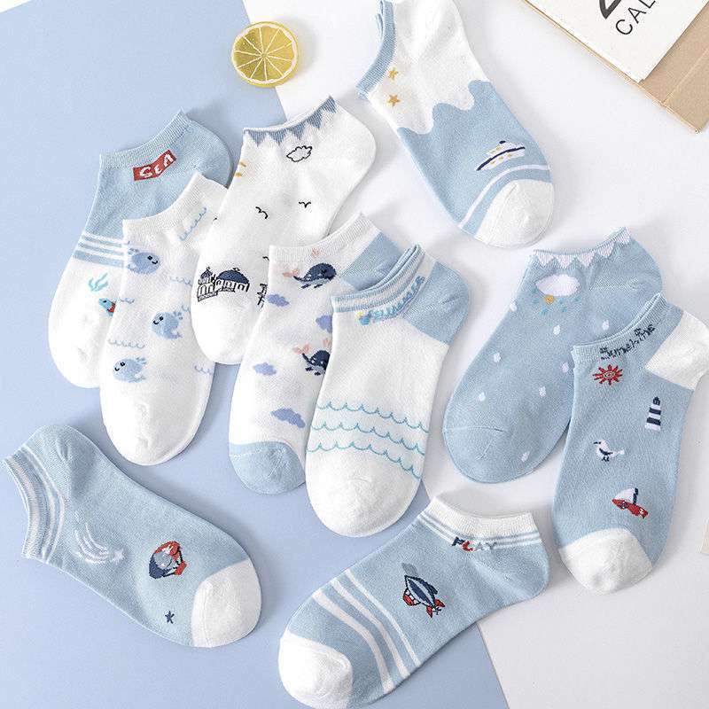 [Set 10 đôi tặng túi khóa kéo] Tất nữ cổ ngắn cotton trắng xanh phong cách Hàn Quốc - Tất cute Havana FPT09