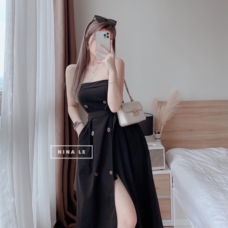 Đầm maxi phối nút cột eo