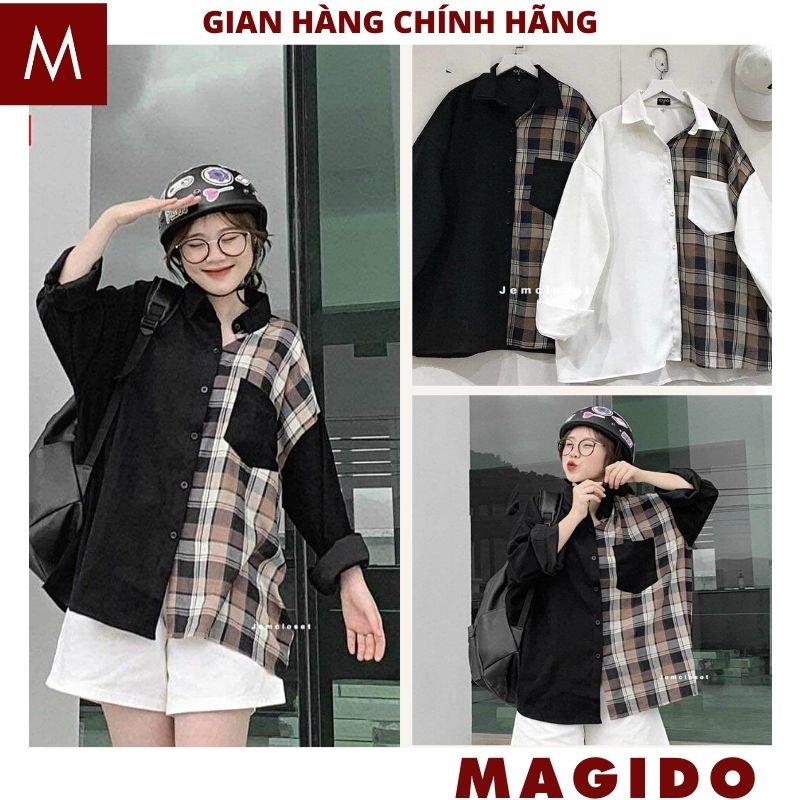 Áo sơ mi nữ phối kẻ 1 bên kiểu dáng hàn quốc có túi hộp forrm rộng dễ thương sang chảnh cực xinh -MAGIDO