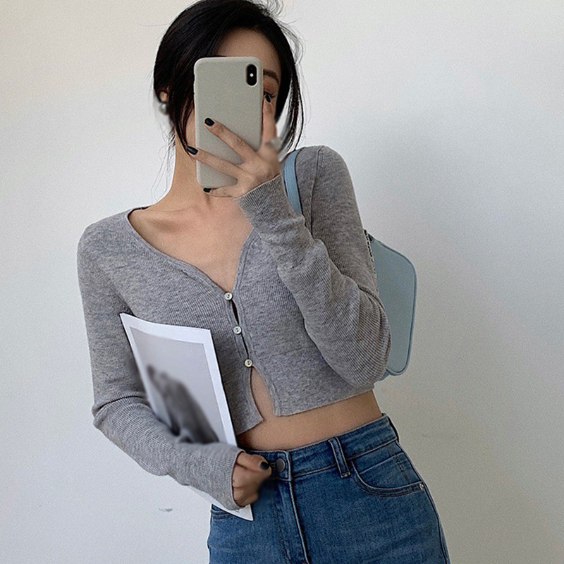 Áo lửng dệt kim tay dài cổ chữ V gợi cảm cho nữ