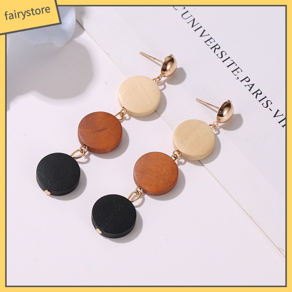 Hoa tai dáng thả mặt hình tròn bằng gỗ cho nữ