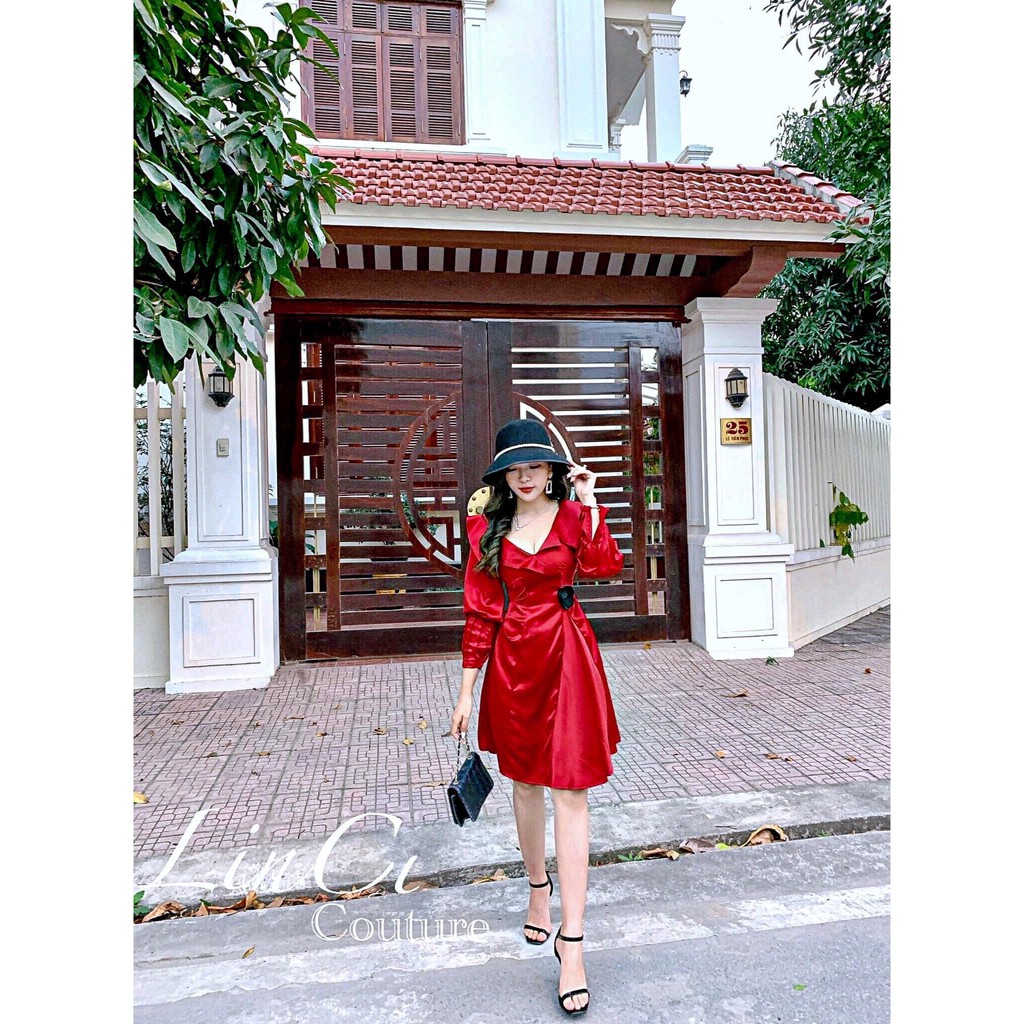 Váy liss dress đỏ, váy dáng ôm xòe nhẹ nhàng tiểu thư