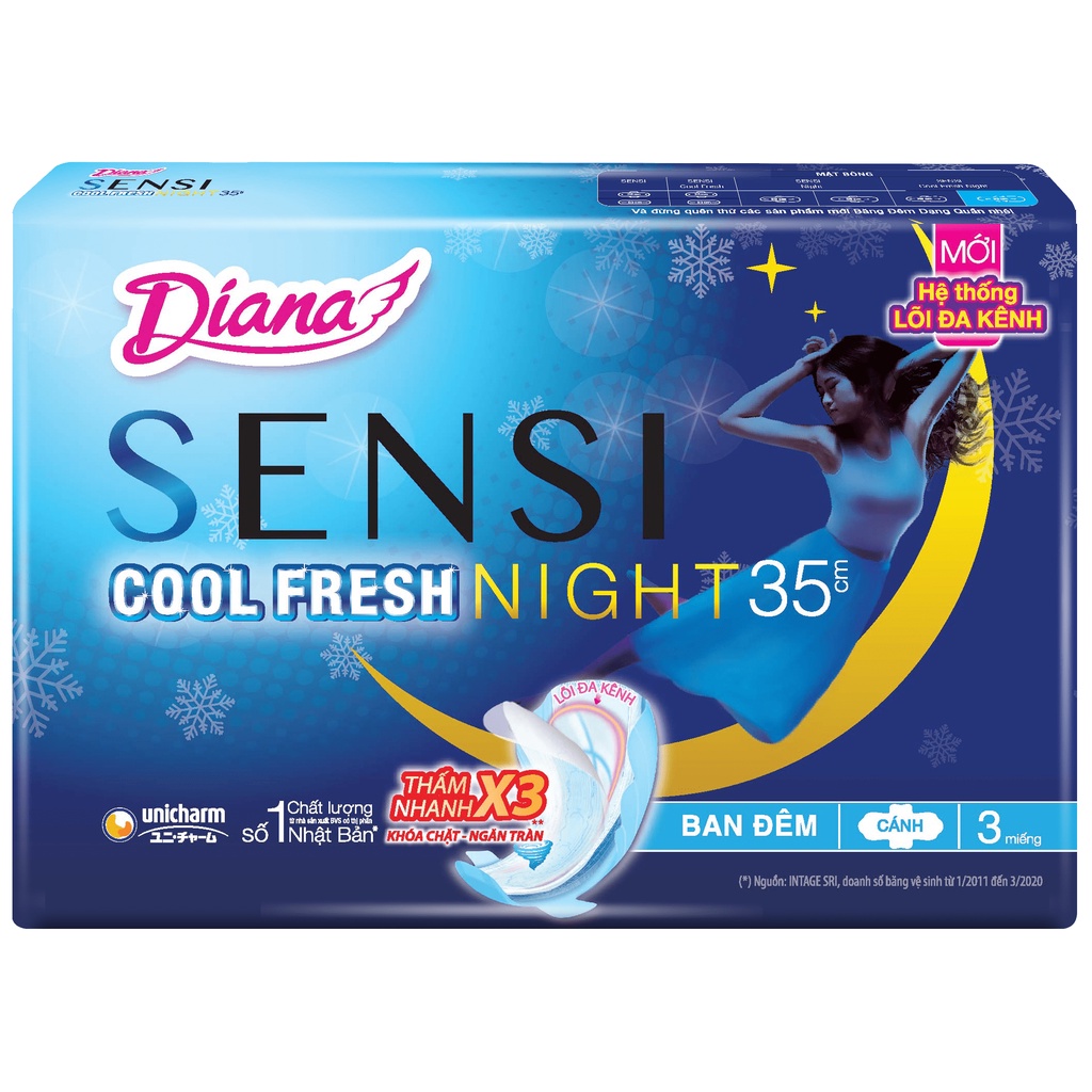 Băng vệ sinh ban đêm Diana Sensi Cool Mát Lạnh Night 35cm túi 3 miếng