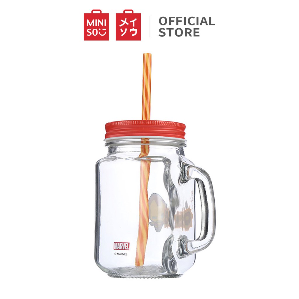 Miniso x Marvel Cốc Thủy Tinh Có Quai 470ml (Nắp Lỗ) Cốc thủy tinh có nắp kèm ống