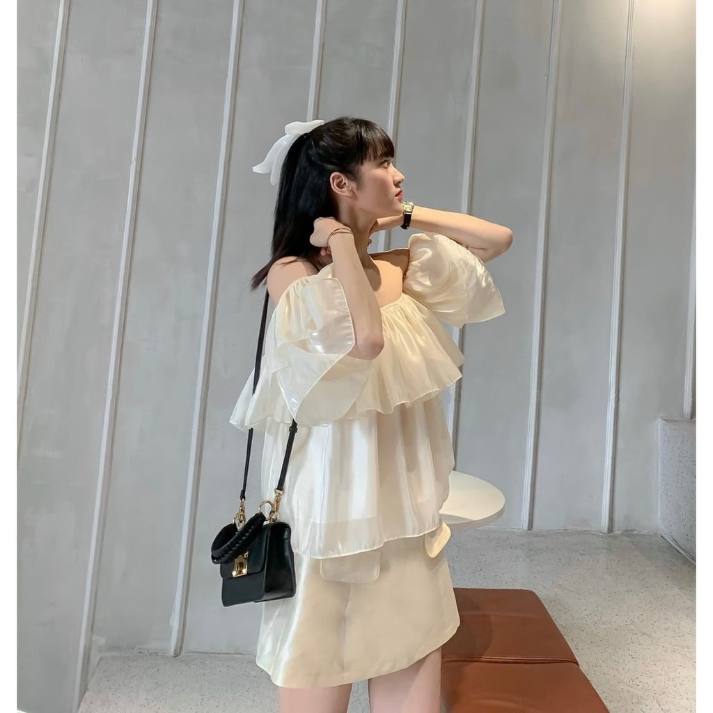 Áo bẹt vai tay phồng siêu xinh [2 lớp] Croptop trễ vai bánh bèo chất tơ ánh A-TA | BigBuy360 - bigbuy360.vn
