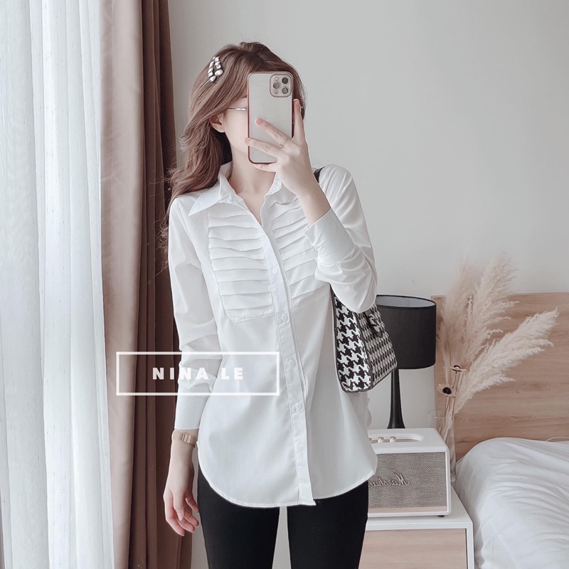 Áo Sơ Mi Trắng Xếp Ly Ngực Hàng Đep Kiểu Công Sở MOLA Sơmi Tay Dài Cao Cấp  Hàn Quốc Vintage Tiểu Thư