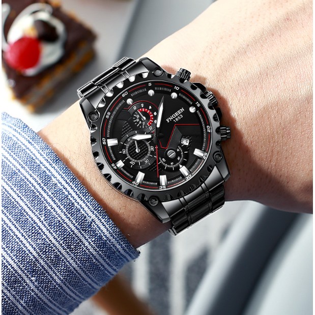 Đồng hồ nam FNGEEN F3 mặt tròn có lịch ngày, dây thép không gỉ