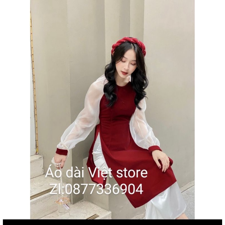 -Áo Cách Tân Nhung Đỏ Phối Voan Trắng