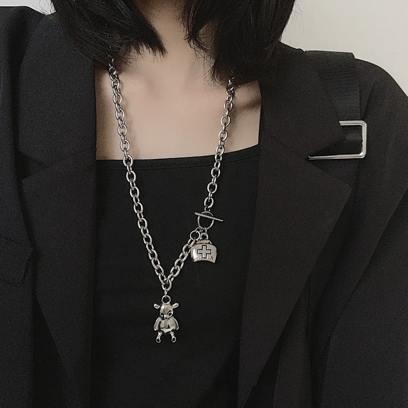 vòng cổ Kim Loại Mặt Hình Gấu Đính Đá Nhân Tạo Phong Cách Retro