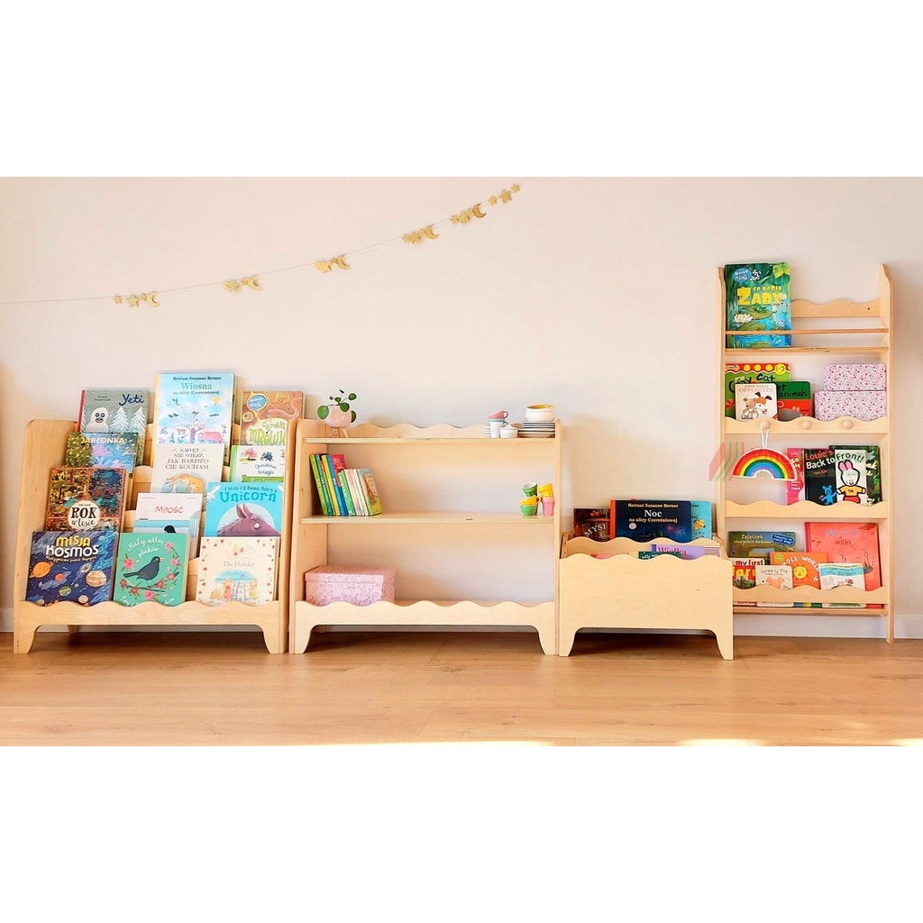 Giá sách montessori hai màu trắng và vân gỗ, giá sách hiện đại gỗ plywood phủ melamin an toàn với trẻ em