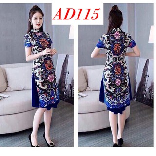 Có size 4XL Áo Dài Cách Tân cổ trụ họa tiết thổ cẩm nền đen