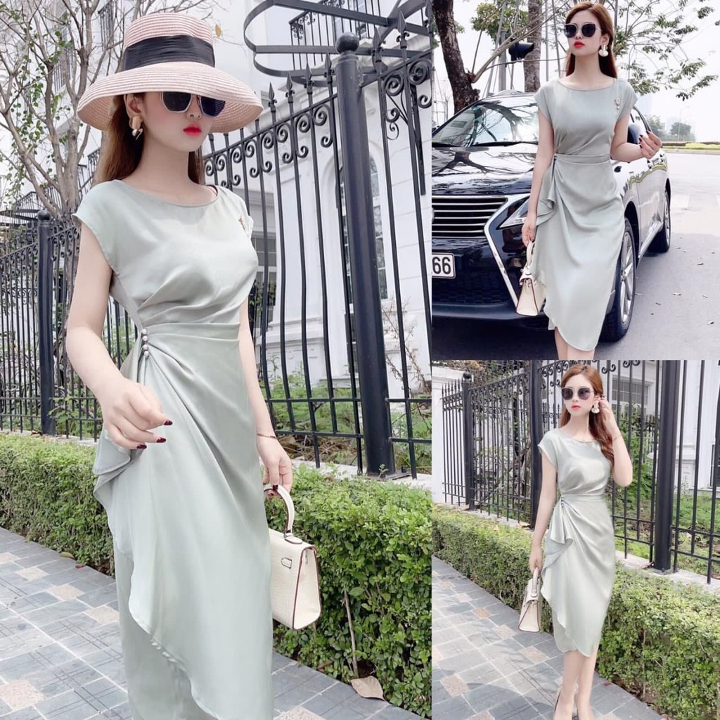Đầm thiết kế dáng ôm ngắn tay cổ thuyền nhún eo V1854 ADELASHOP [Kèm ảnh thật]