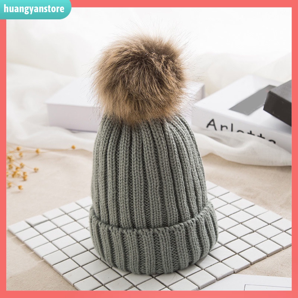 HY| Mũ len đính bóng lông màu trơn giữ ấm cho nữ