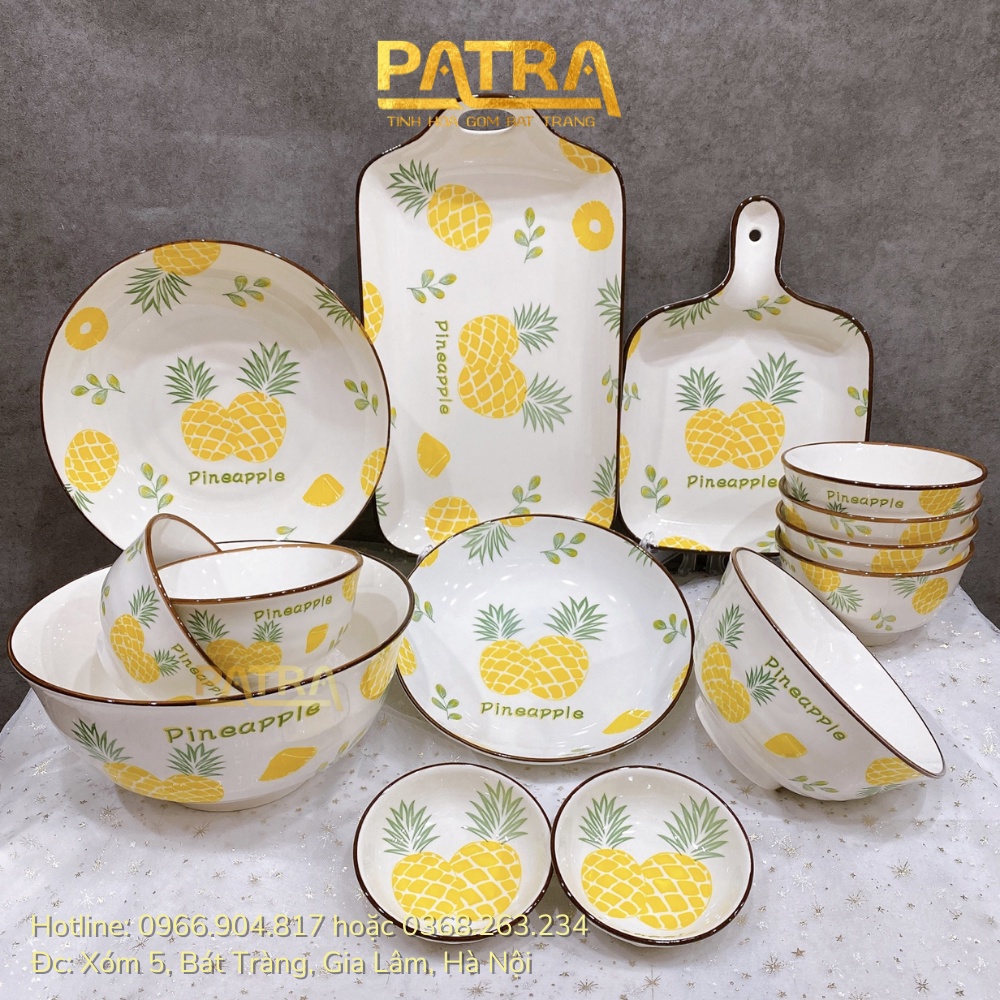 Bộ bát đĩa sứ cao cấp, bộ chén dĩa decor đẹp họa tiết dứa viền nâu siêu xinh