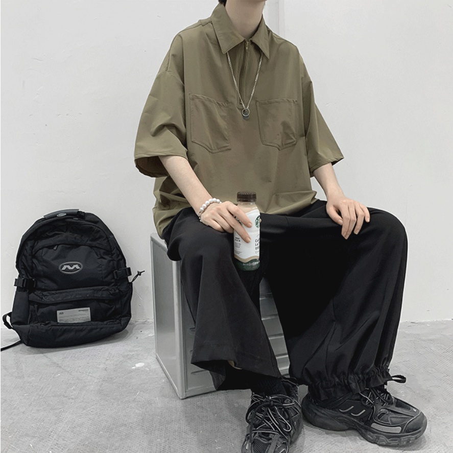 Áo Thun Polo Có Dây Kéo áo polo nam Dáng Rộng Thiết Kế áo thun có cổ Đơn Giản Thời Trang áo phông nam có cổ Hàn Quốc áo phông polo nam