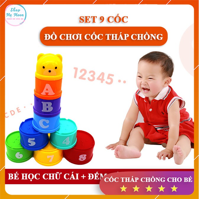 Set 9 Cốc Tháp Chồng cho bé học chữ cái và nhận biết màu sắc - Đồ Chơi Giáo Dục Cho Bé