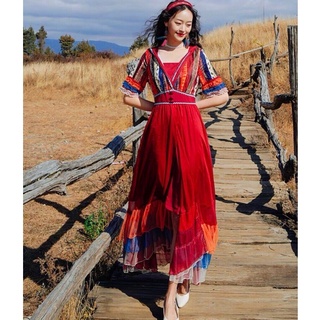 (có sẵn) Đầm váy maxi đi biển thổ cẩm BOho họa tiết đỏ có mũ SAVVY Dress KSVD0195LN