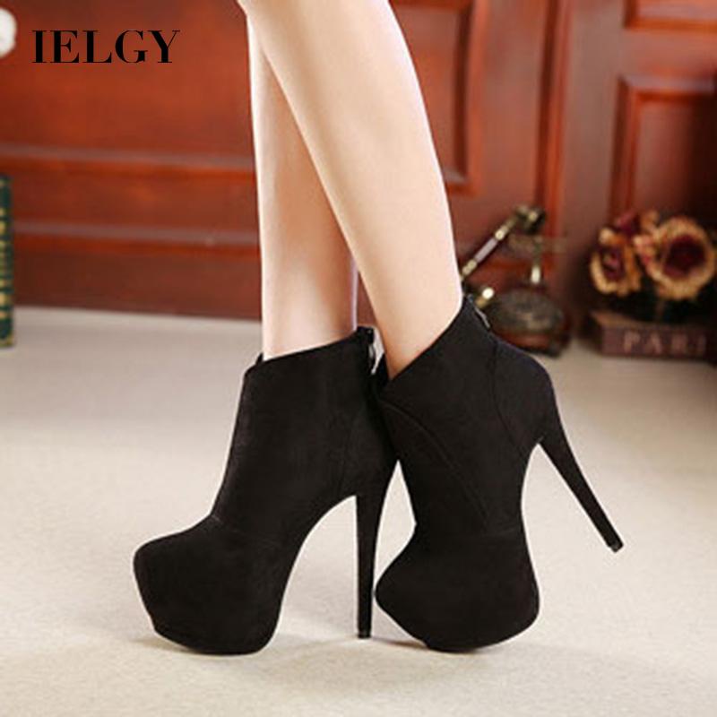 Giày bốt cao gót IELGY 15cm màu đen phối khóa kéo sau cá tính thời trang cho nữ