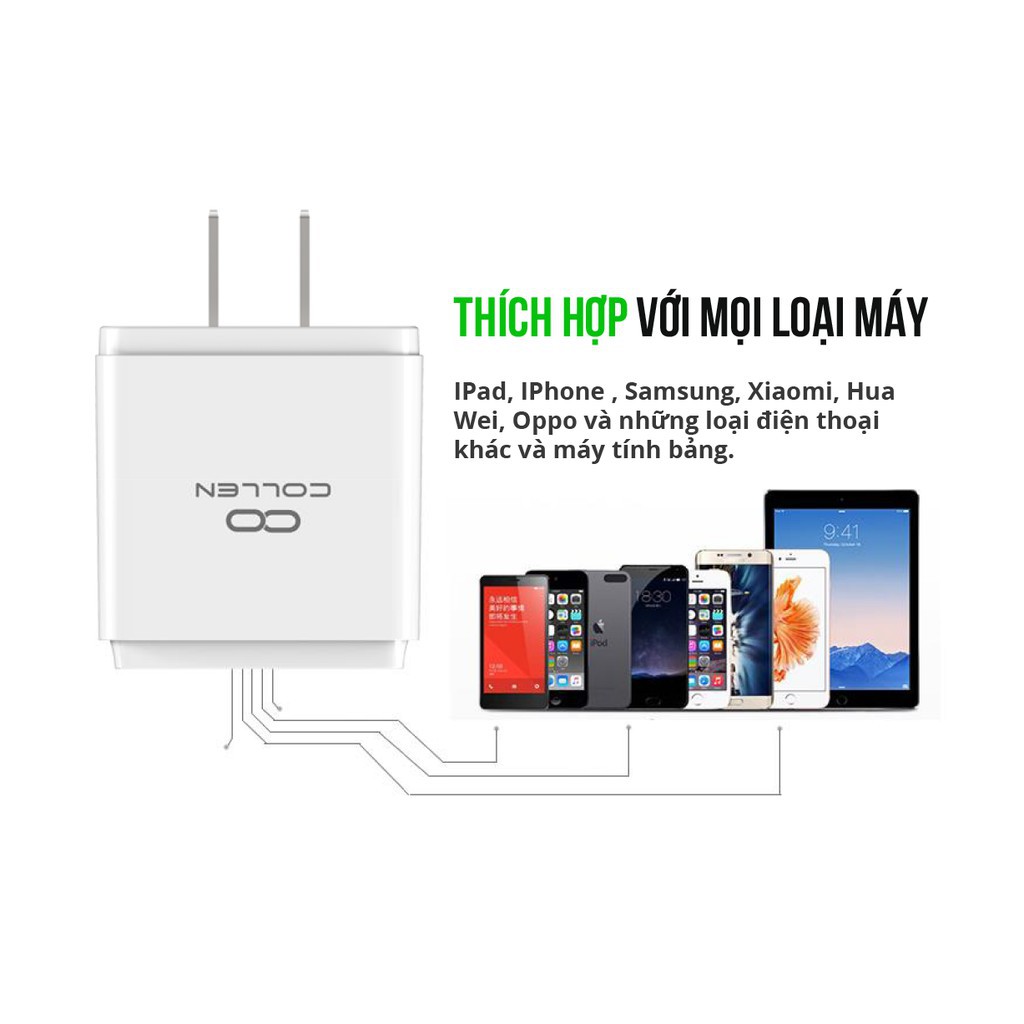 [SẠC NHANH] Côc Sạc Nhanh 3.4A 3 Cổng 3 Chân Cắm USB Collen Đa Năng Cho Điện Thoại iphone, samsung, xiaomi, huawei, oppo