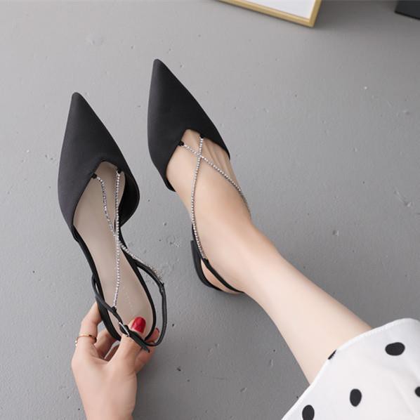giày gótsandal thể thao✙ck giày nữ 2021 mới đa năng mũi nhọn rhinestone sandals cổ tích gió gót thấp Baotou