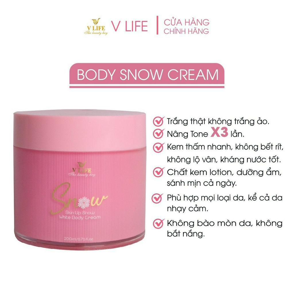 Kem dưỡng trắng da body Snow 200ml V Life: Dưỡng ẩm, trắng da,  se khít lỗ chân lông thoa lên da nâng từ 2-3 tone.