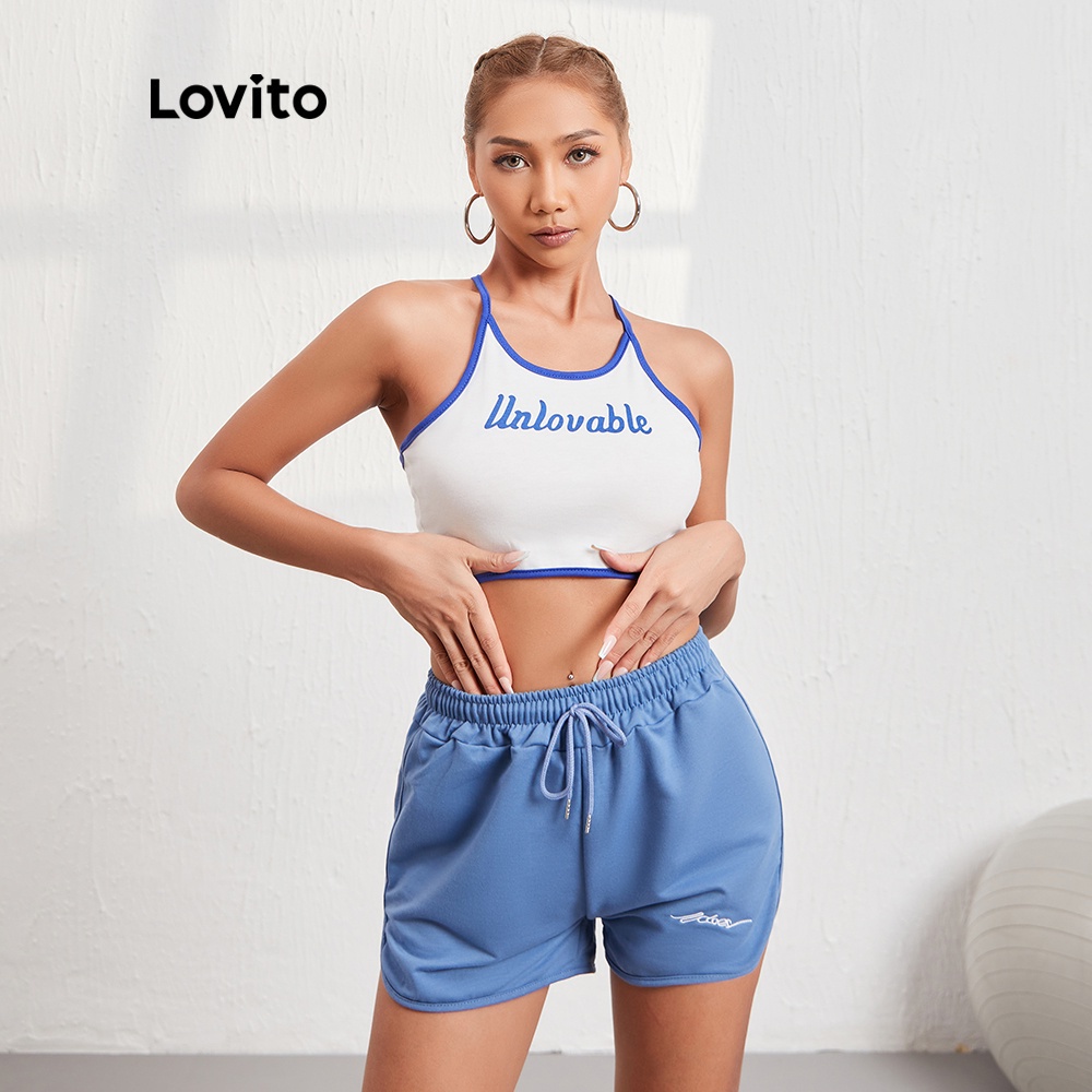 Áo hai dây Lovito thiết kế đường viền in chữ phong cách thường ngày L08149 (Xanh dương)