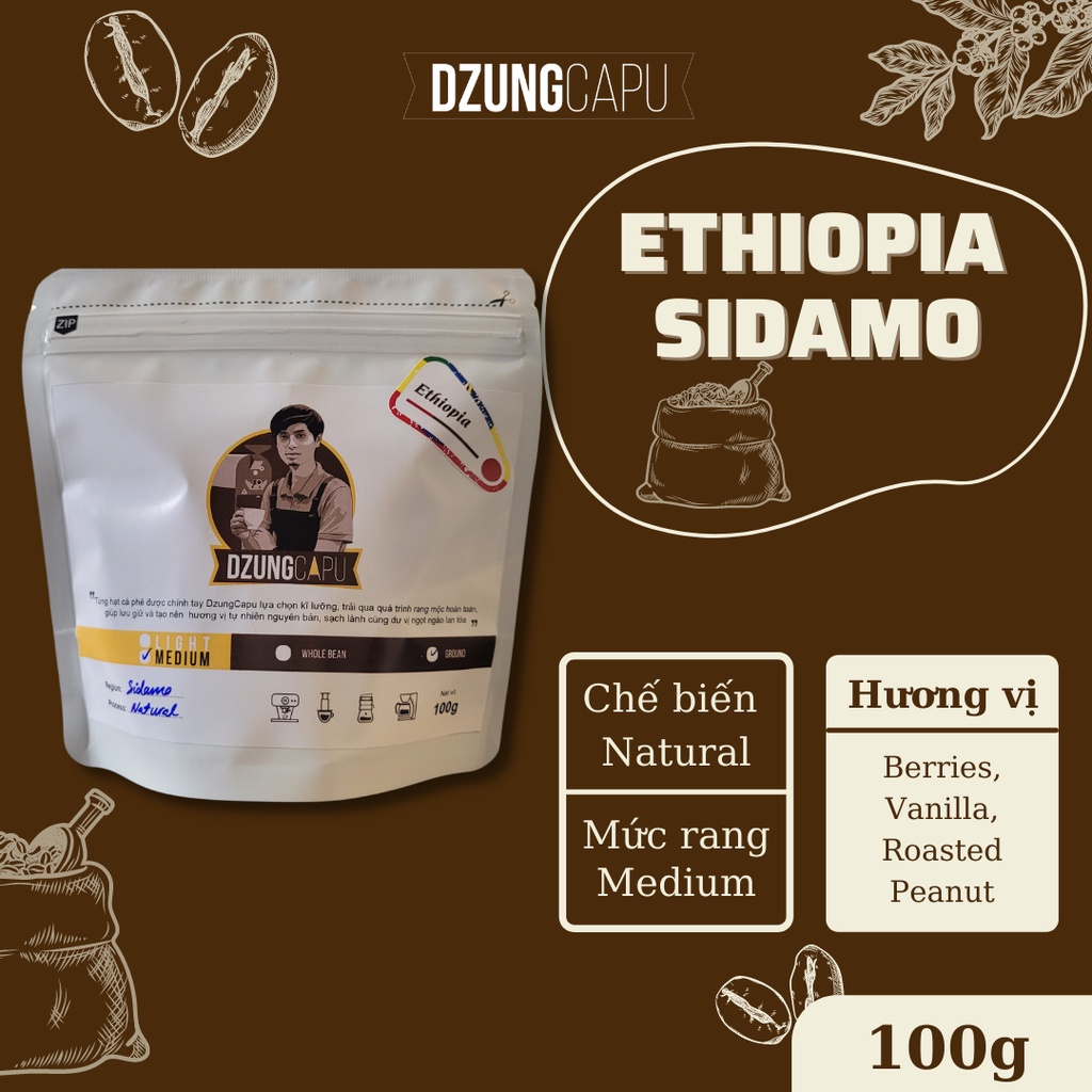 Cà phê Ethiopia Sidamo - Sơ chế Natural - gói 100g - DzungCapu Specialty Coffee